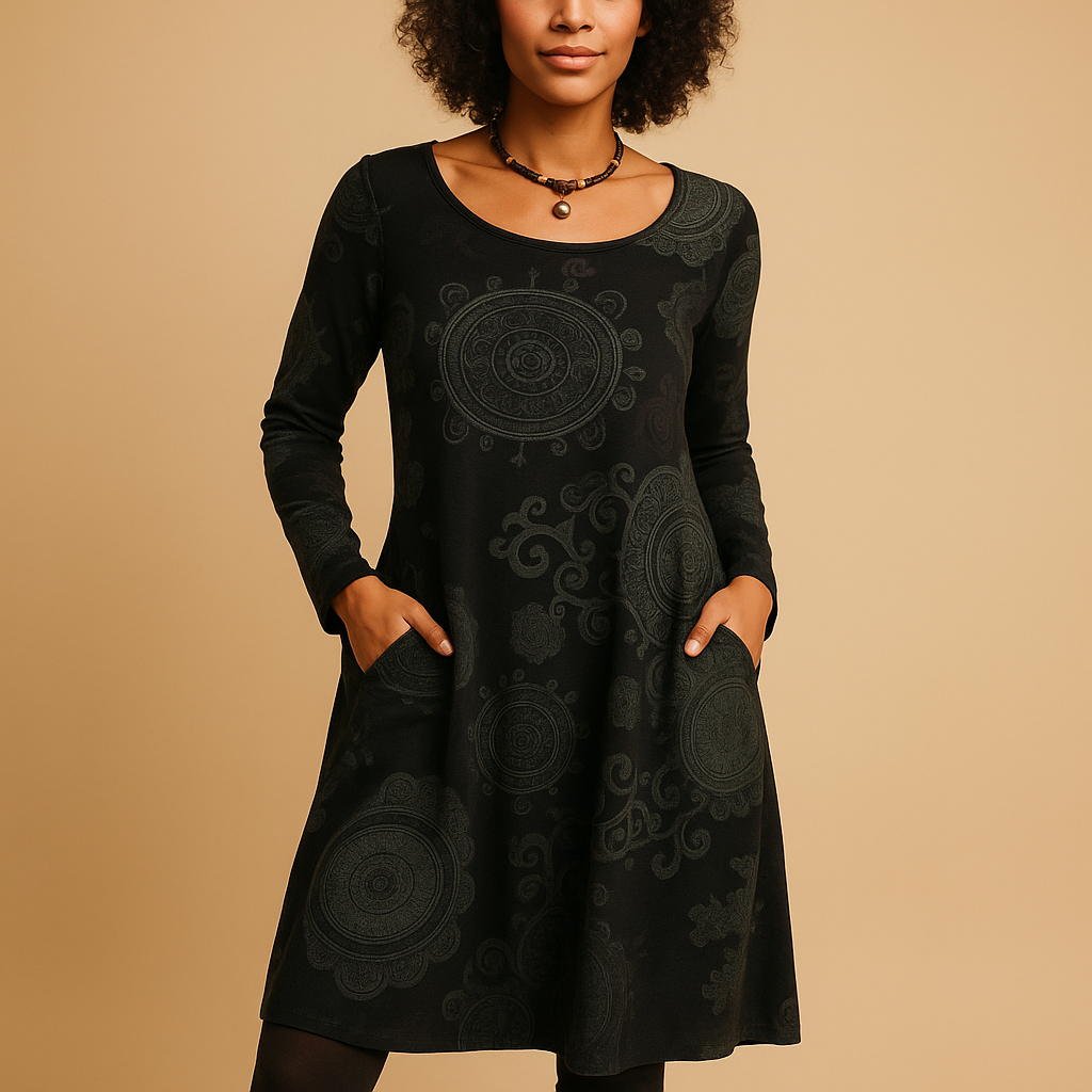 Bohemian maxi dress with long sleeves and pockets for women.