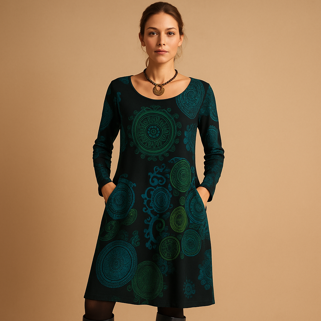 Bohemian maxi dress with long sleeves and pockets for women.