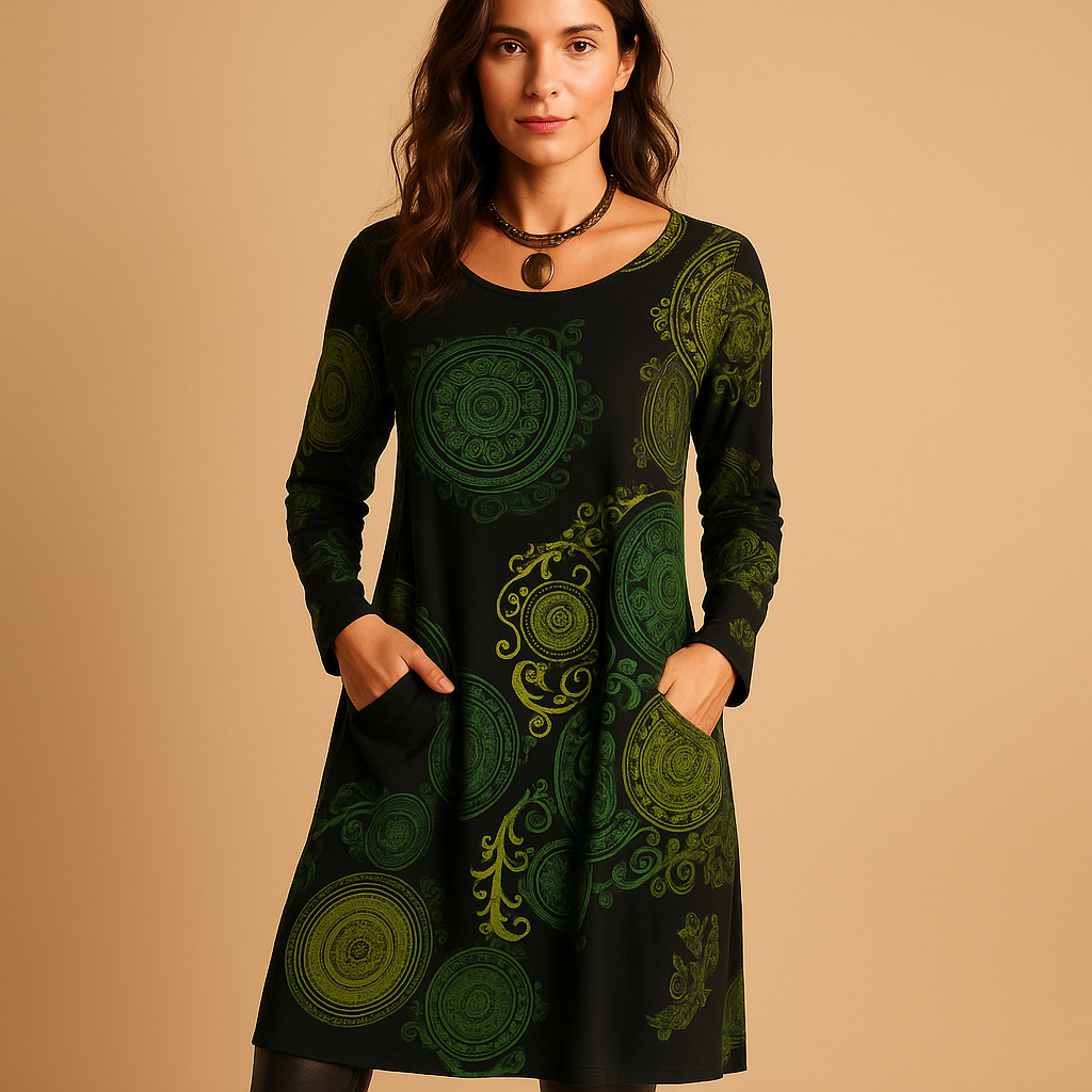 Bohemian maxi dress with long sleeves and pockets for women.