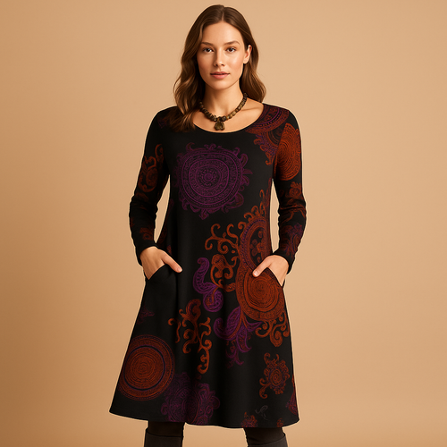 Bohemian maxi dress with long sleeves and pockets for women.