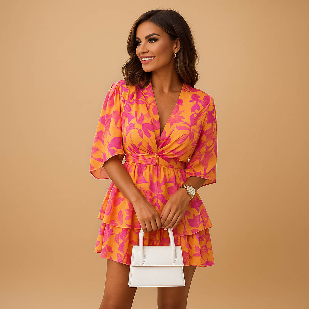Bohemian mini dress with playful print for women.