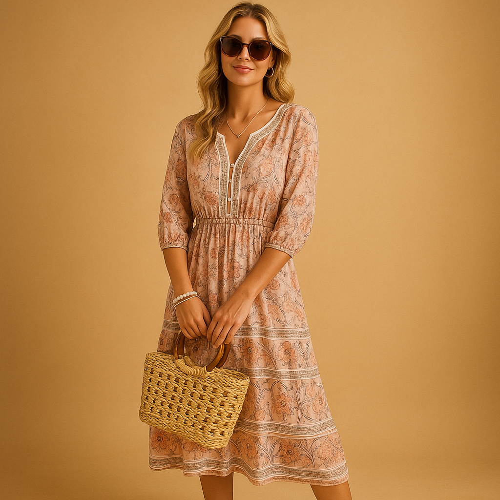 Bohemian summer dress with loose silhouette for women.