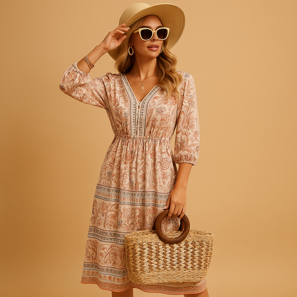 Bohemian summer dress with loose silhouette for women.
