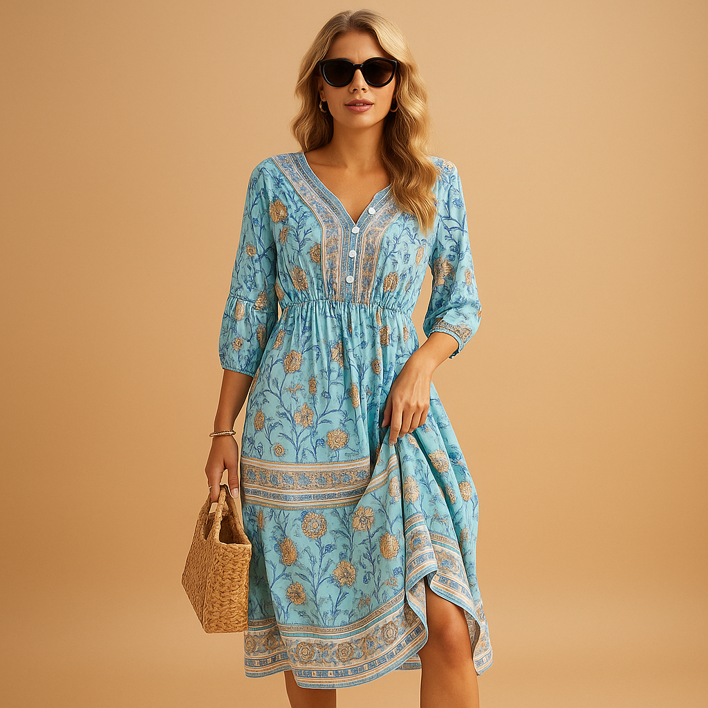 Bohemian summer dress with loose silhouette for women.