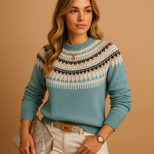 Knitted boho women's sweater with round neck.