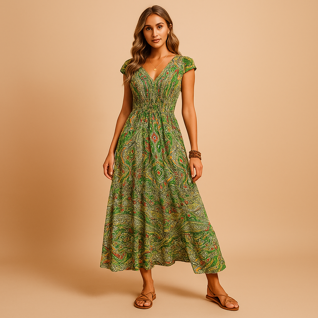 Boho maxi summer dress with vibrant colors for women.