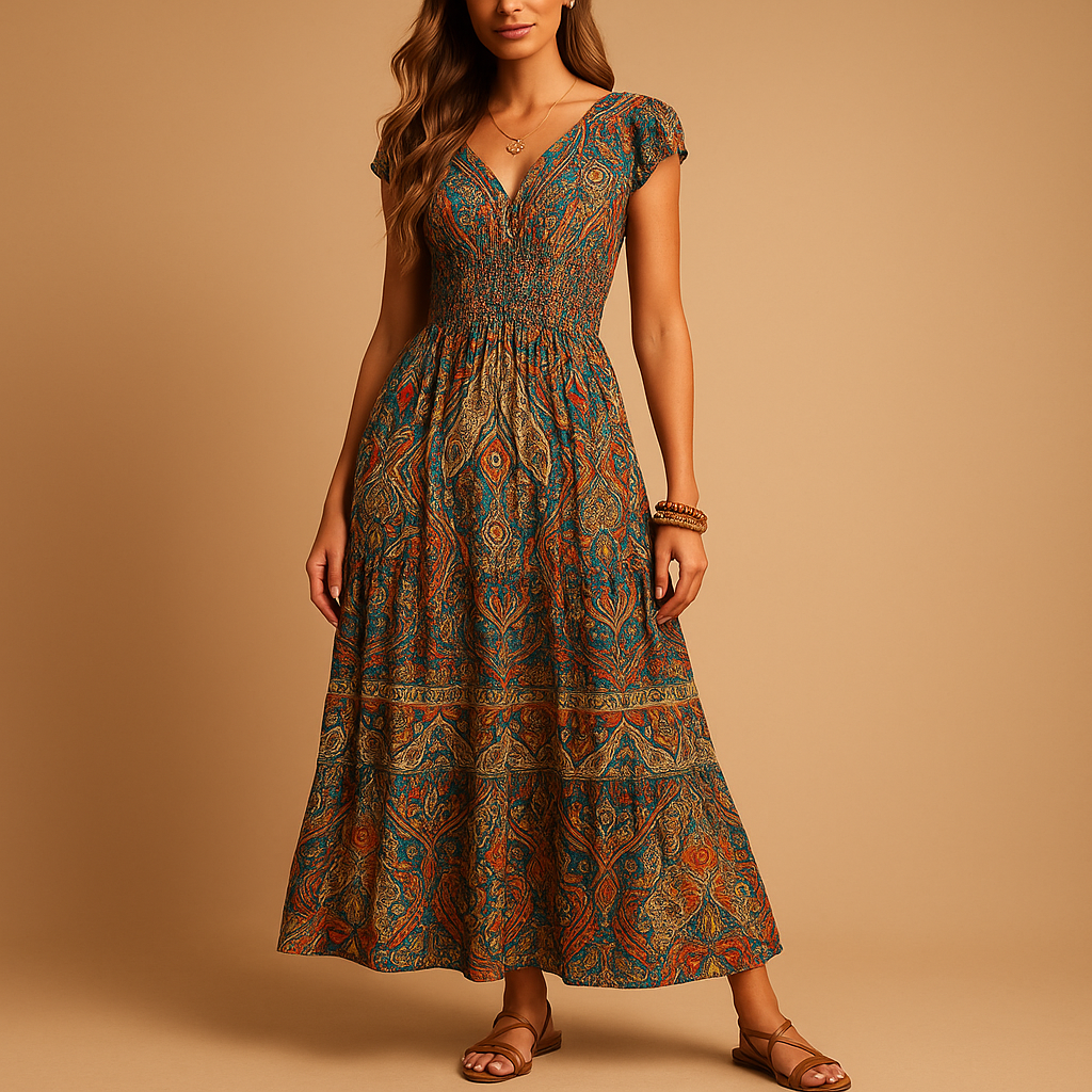 Boho maxi summer dress with vibrant colors for women.