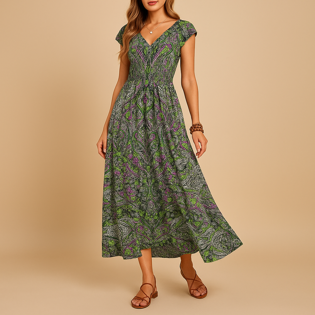Boho maxi summer dress with vibrant colors for women.
