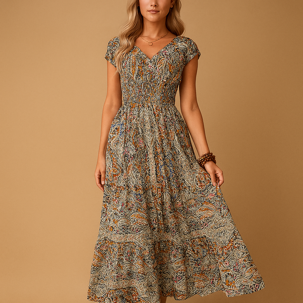 Boho maxi summer dress with vibrant colors for women.