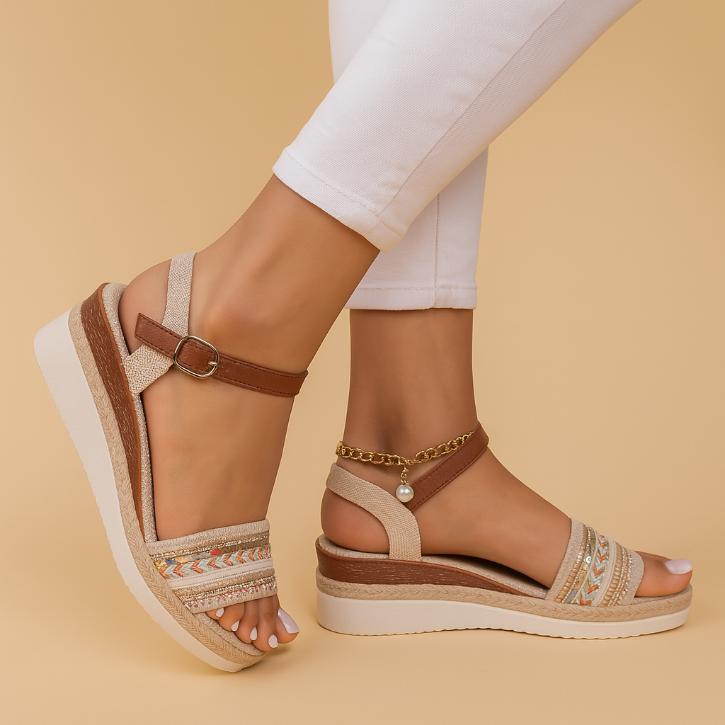Boho wedge sandals with beads for women.