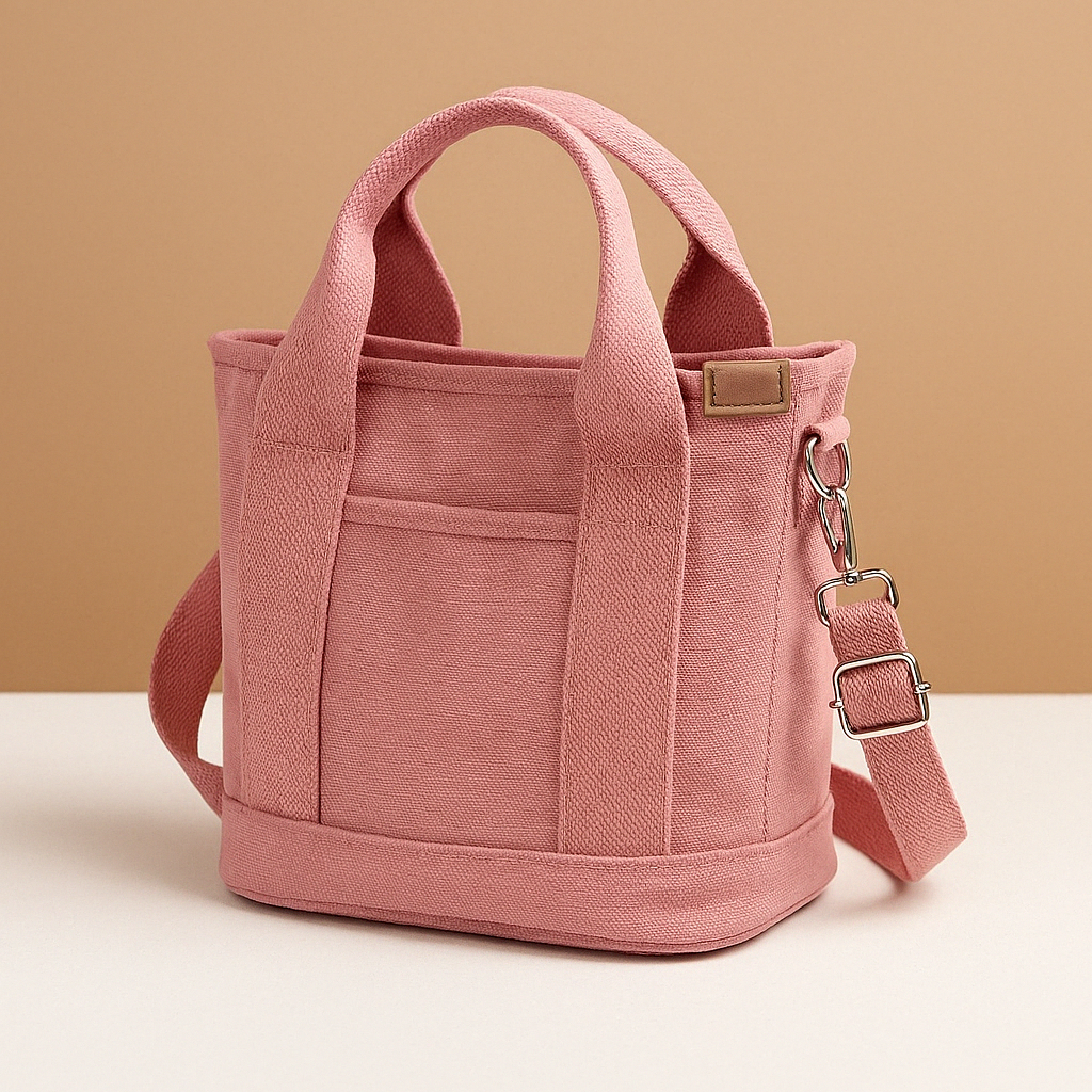 Canvas shoulder bag with multiple compartments for women.