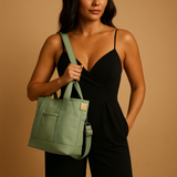 Canvas shoulder bag with multiple compartments for women.