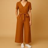 Casual jumpsuit with short sleeves and lace-up closure for women.