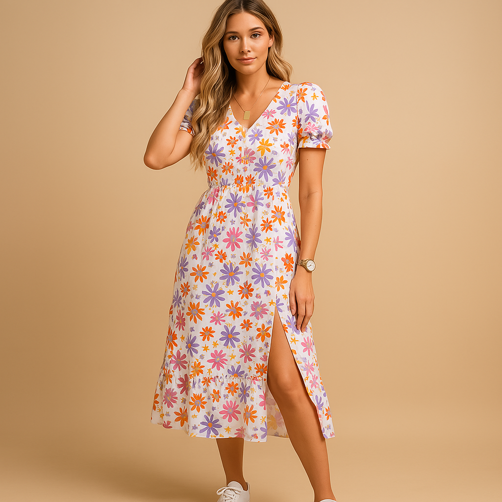 Casual maxi dress with slit and V-neck for women.
