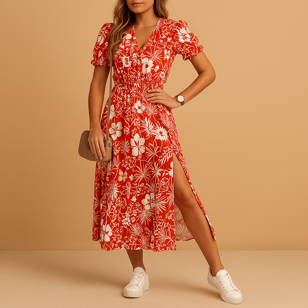 Casual maxi dress with slit and V-neck for women.