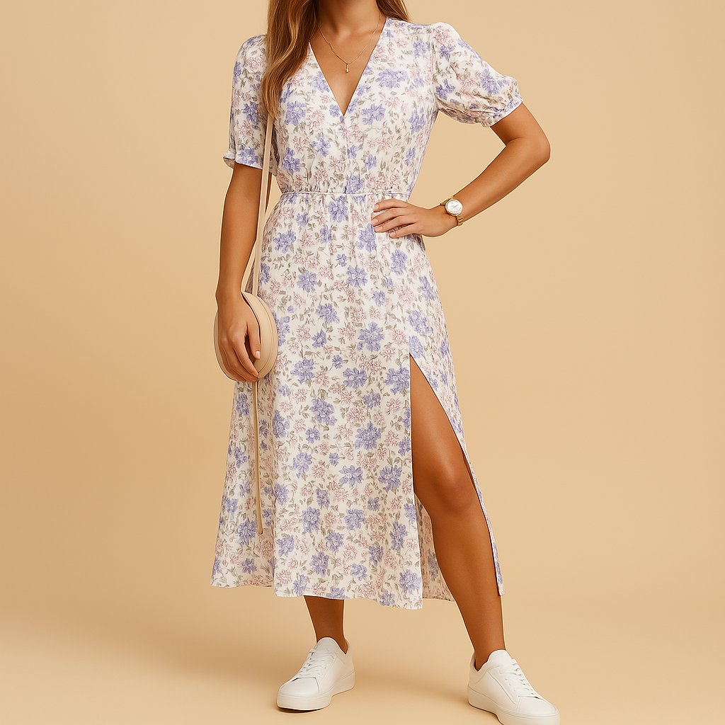 Casual maxi dress with slit and V-neck for women.