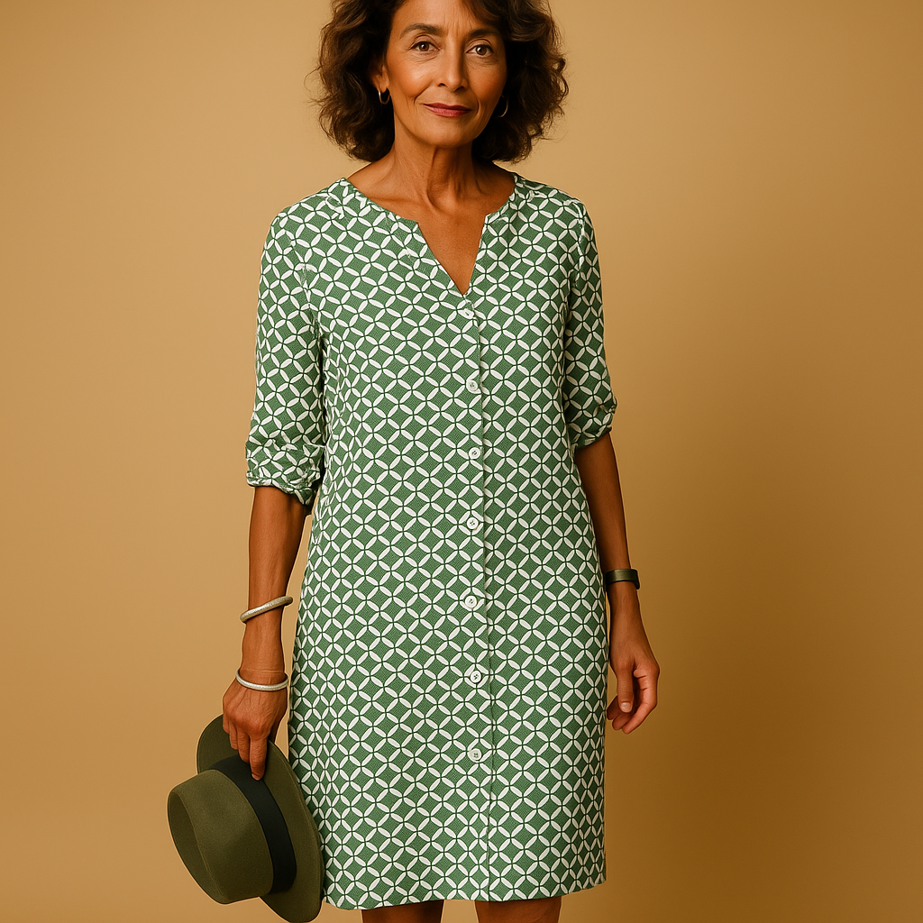 Casual V-neck dress with half sleeves for women.