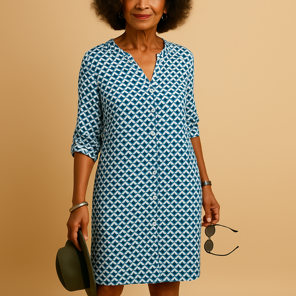Casual V-neck dress with half sleeves for women.