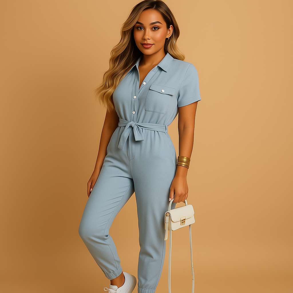 Fitted jumpsuit for women with button closure and flattering fit.