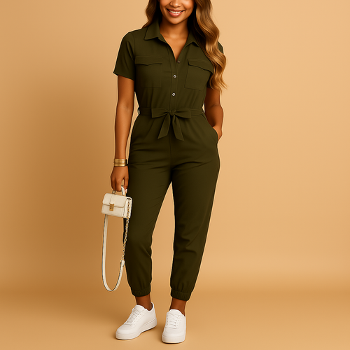 Fitted jumpsuit for women with button closure and flattering fit.