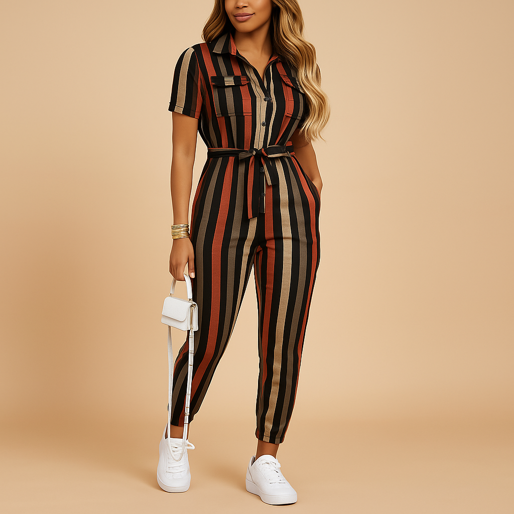 Fitted jumpsuit for women with button closure and flattering fit.