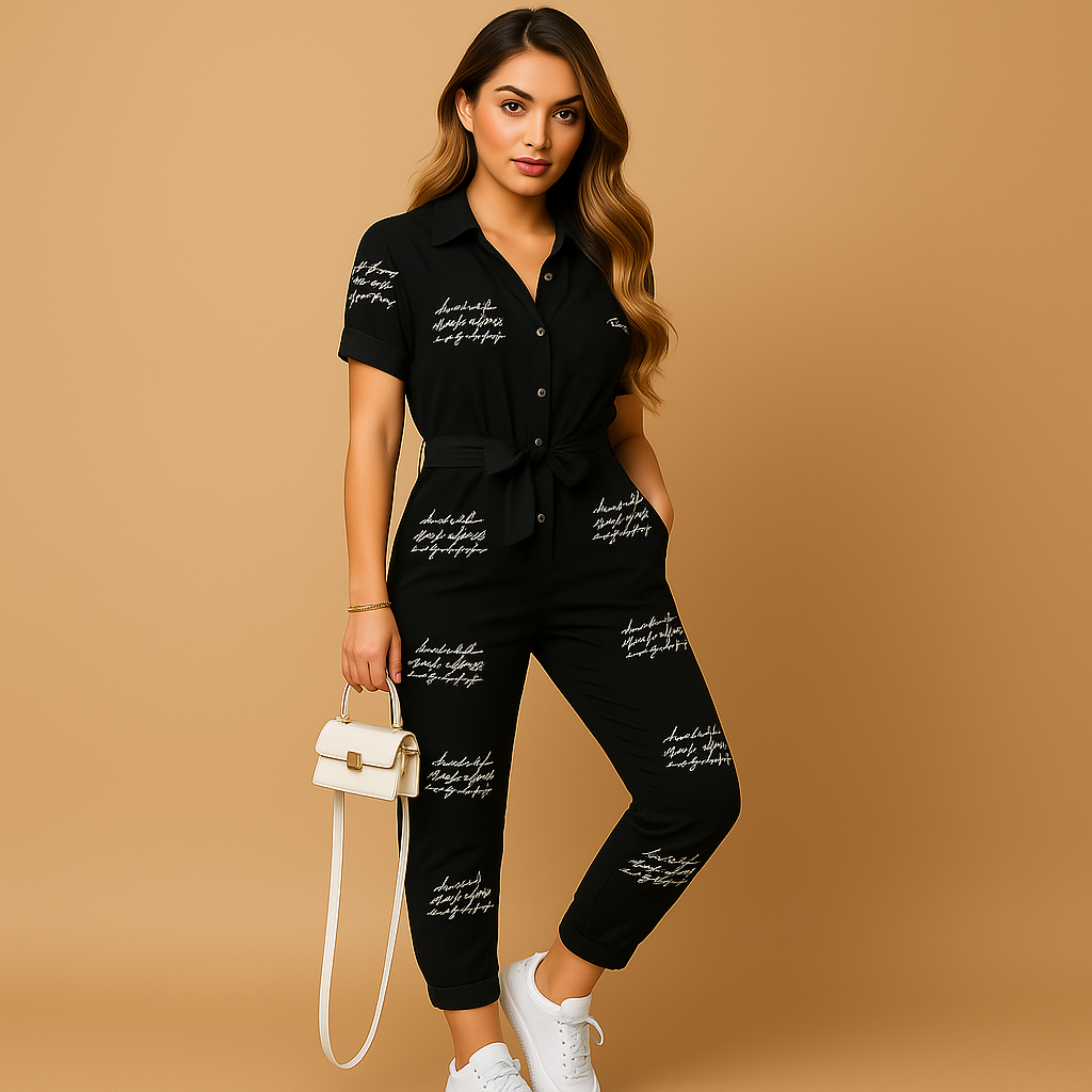 Fitted jumpsuit for women with button closure and flattering fit.