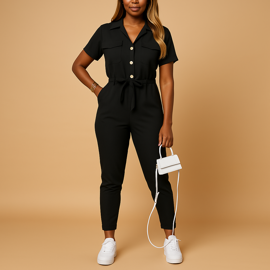 Fitted jumpsuit for women with button closure and flattering fit.
