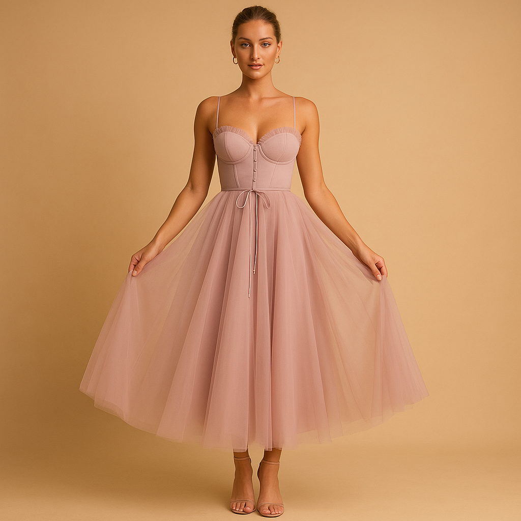 Sleeveless chiffon maxi dress with tulle overlay for women.
