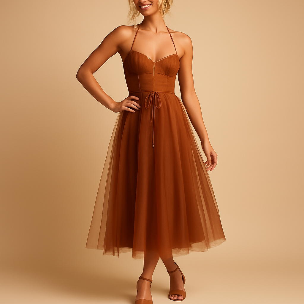 Sleeveless chiffon maxi dress with tulle overlay for women.