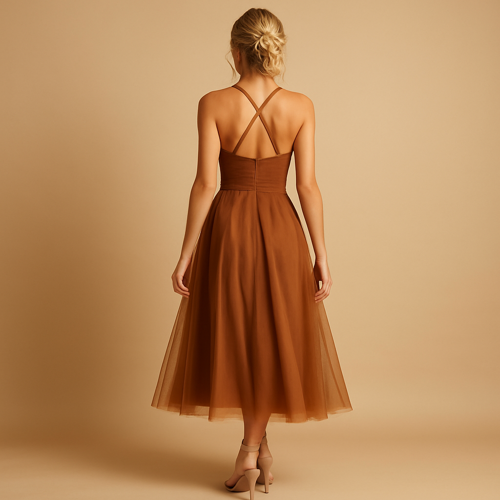 Sleeveless chiffon maxi dress with tulle overlay for women.
