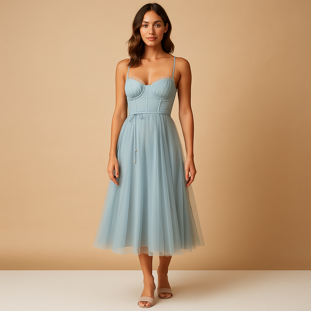 Sleeveless chiffon maxi dress with tulle overlay for women.