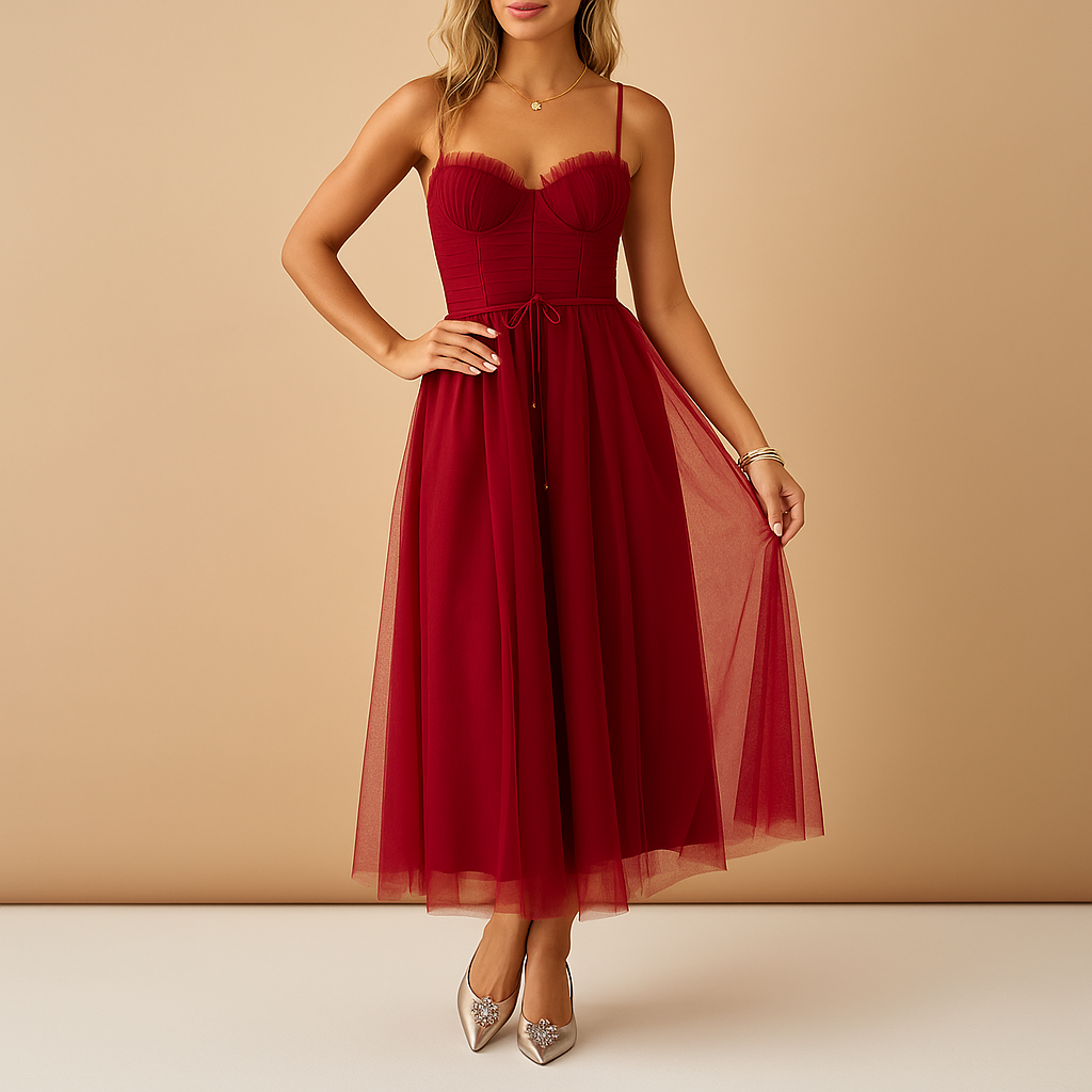 Sleeveless chiffon maxi dress with tulle overlay for women.