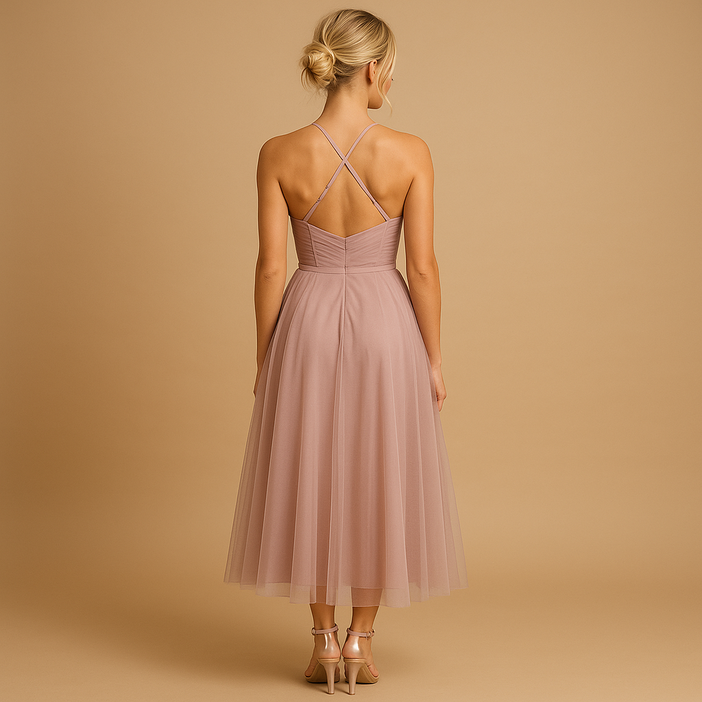 Sleeveless chiffon maxi dress with tulle overlay for women.