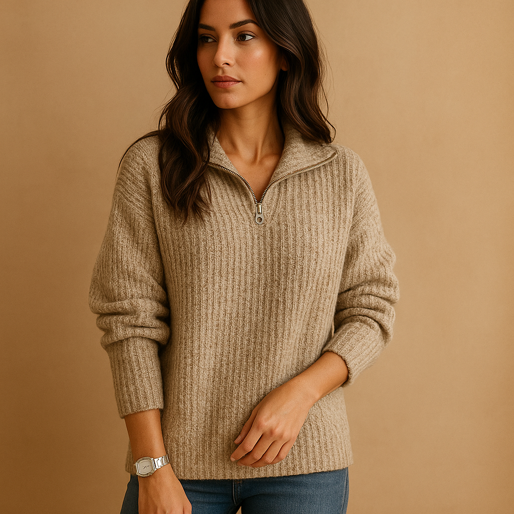 Chic women's sweater with half zipper and comfortable fit.