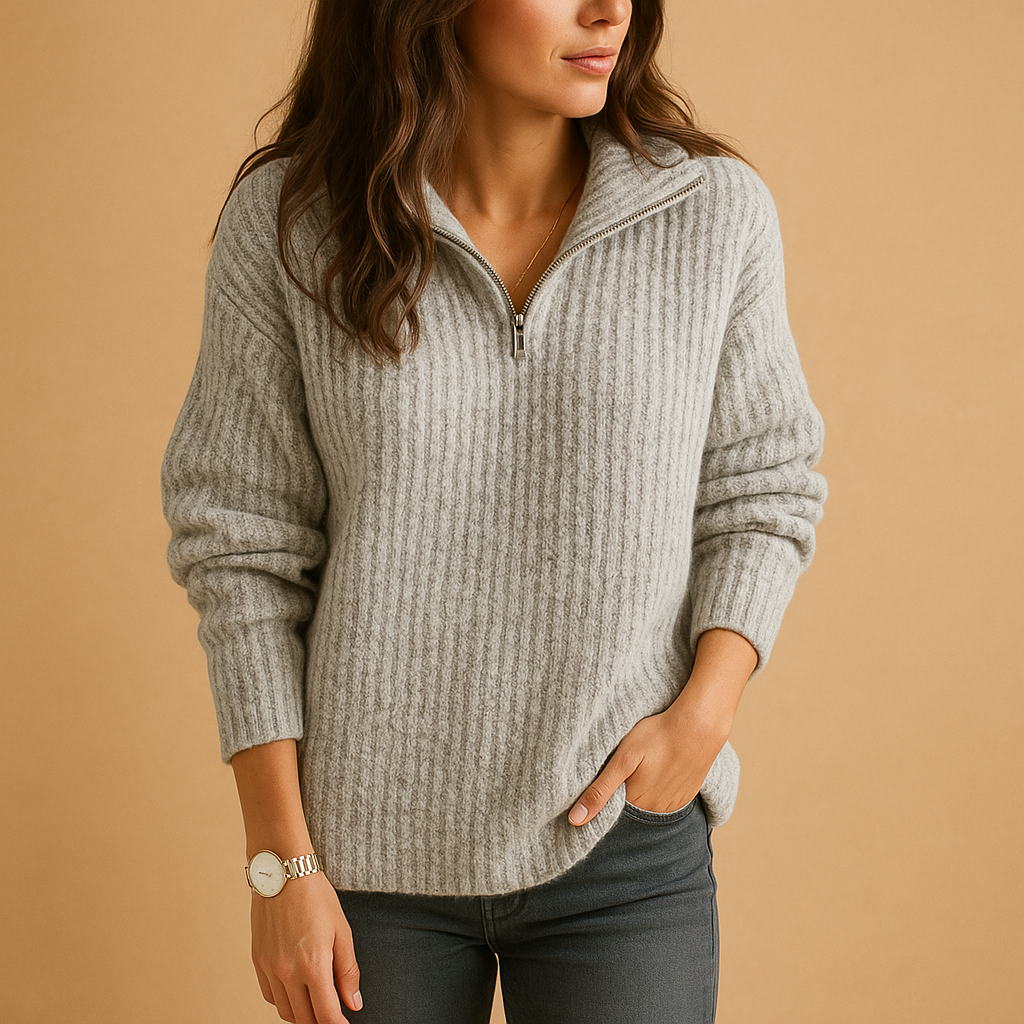 Chic women's sweater with half zipper and comfortable fit.