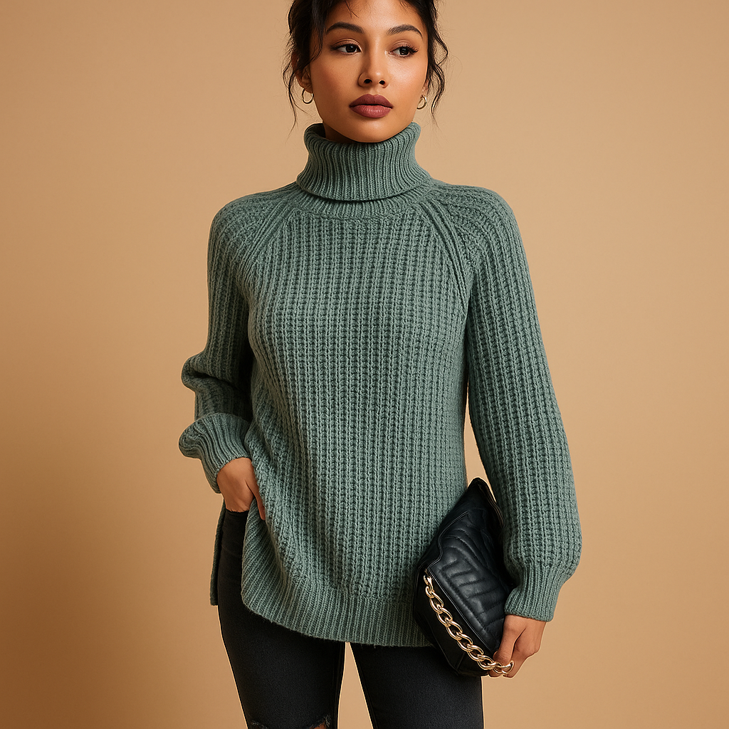 Women's turtleneck sweater with a soft texture and minimalist design.