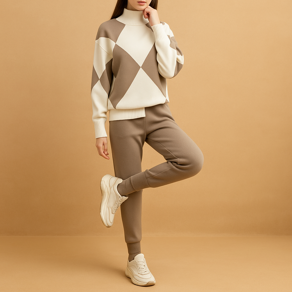 Comfortable loungewear set with sweater and sweatpants for women.