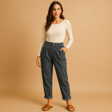 High-waisted corduroy pants with straight legs for women