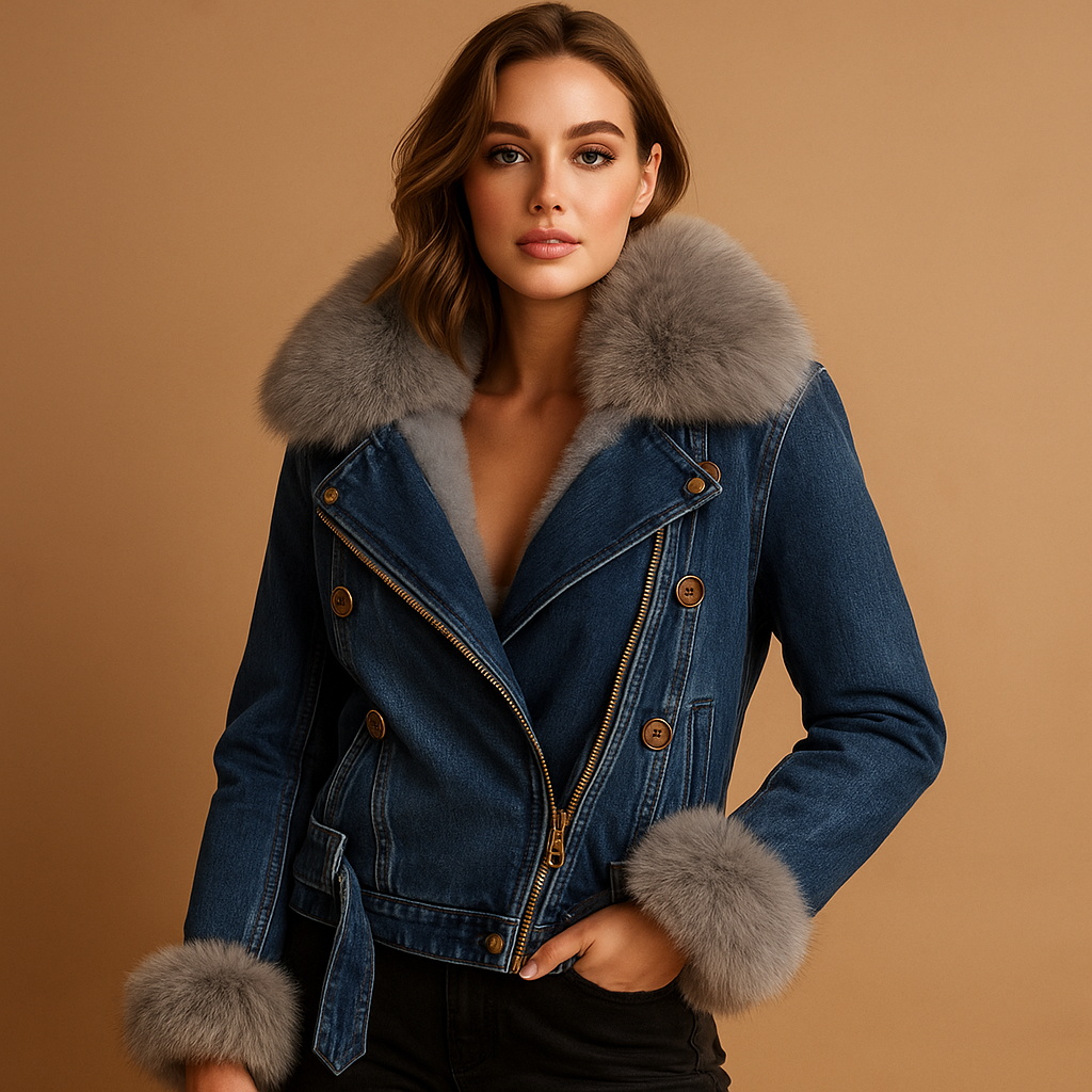 Cropped denim winter coat with faux fur for women