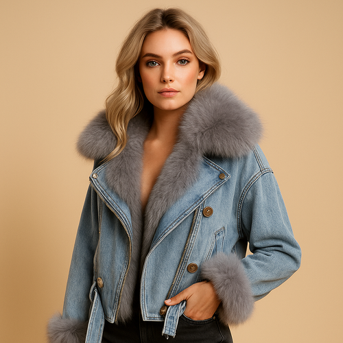 Cropped denim winter coat with faux fur for women