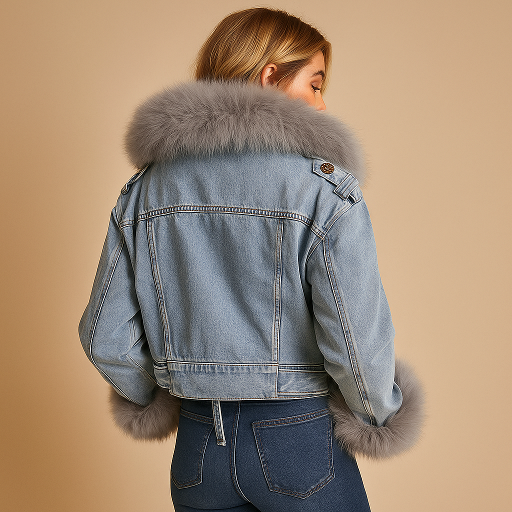 Cropped denim winter coat with faux fur for women