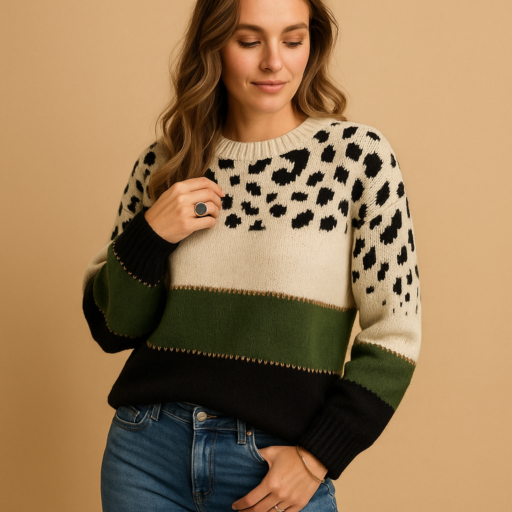 Women's sweater with leopard print and comfortable fit.