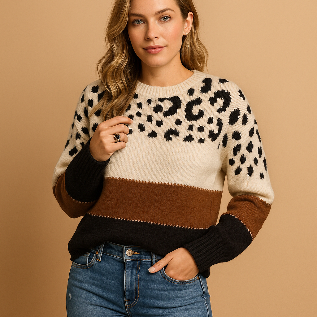Women's sweater with leopard print and comfortable fit.
