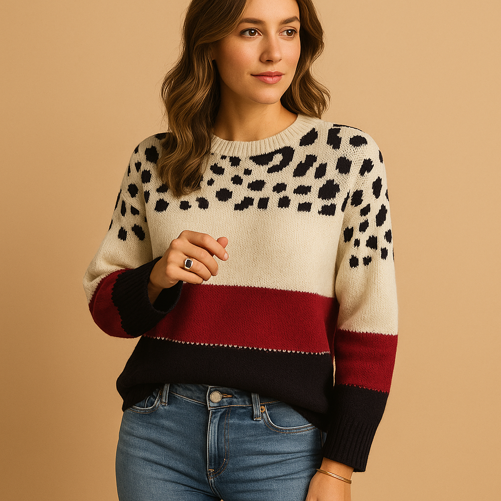 Women's sweater with leopard print and comfortable fit.