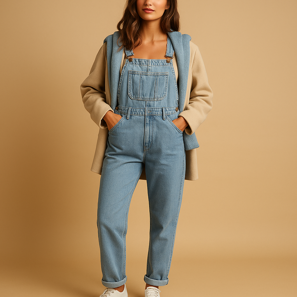 Denim overalls with adjustable straps for women.