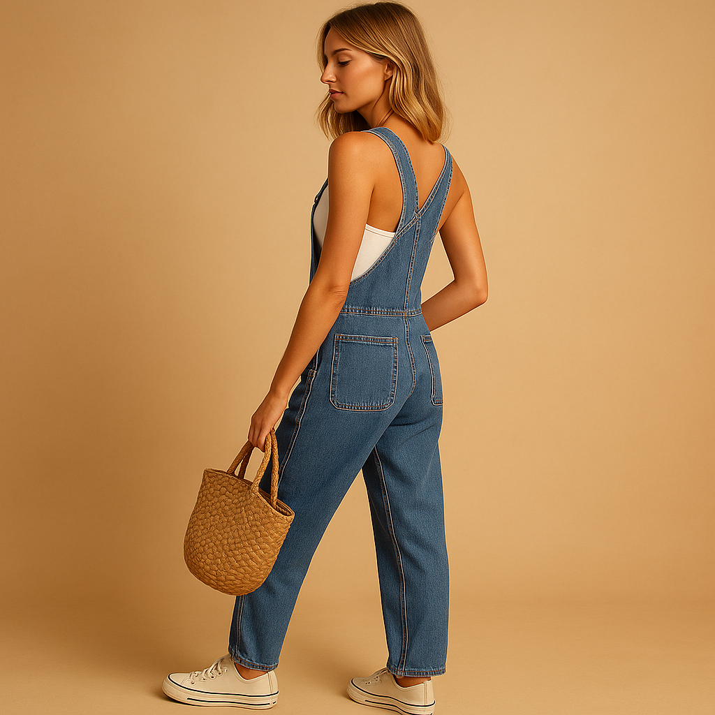 Denim overalls with adjustable straps for women.