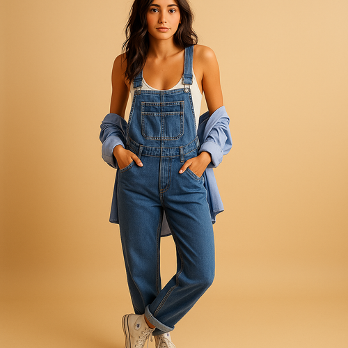 Denim overalls with adjustable straps for women.