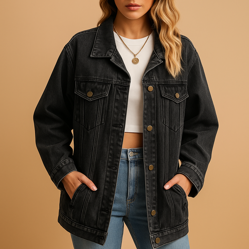 Denim winter jacket with button closure for women
