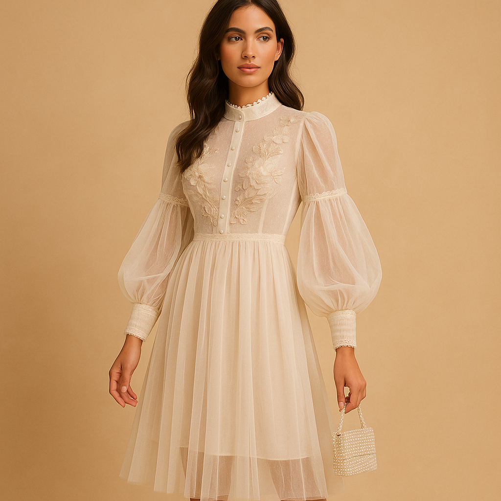Elegant floral dress with stand-up collar for women.