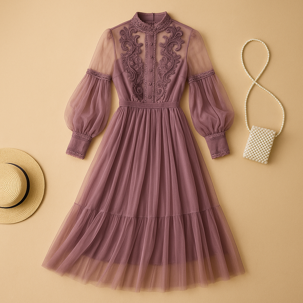 Elegant floral dress with stand-up collar for women.